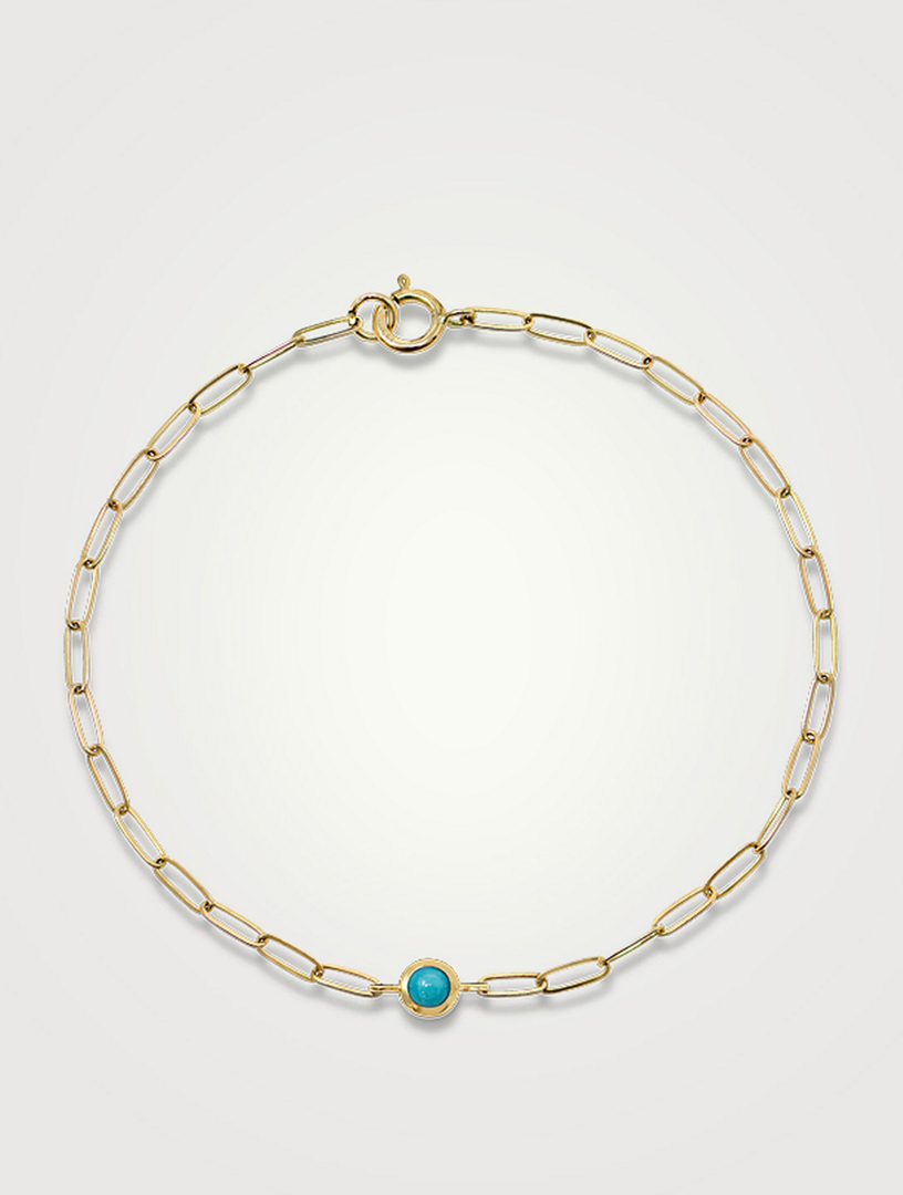Classique 14K Gold Birthstone Paperclip Bracelet With Turquoise
