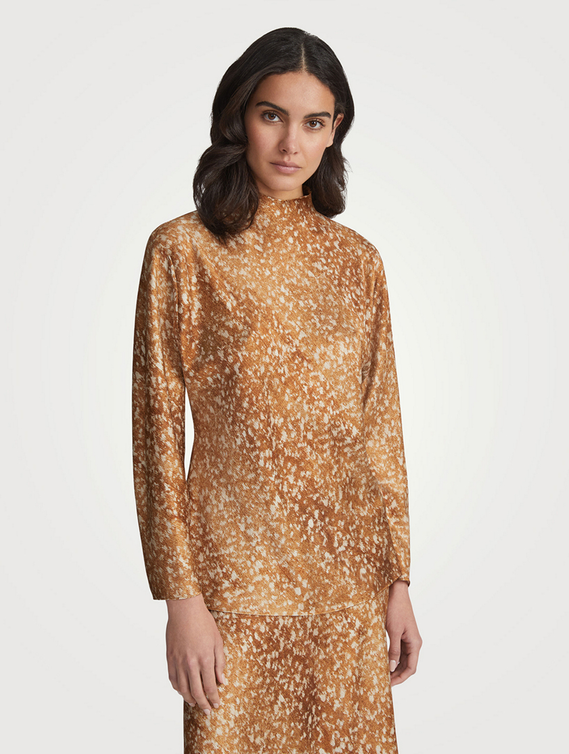 Satin Blouse Floating Leaves Print