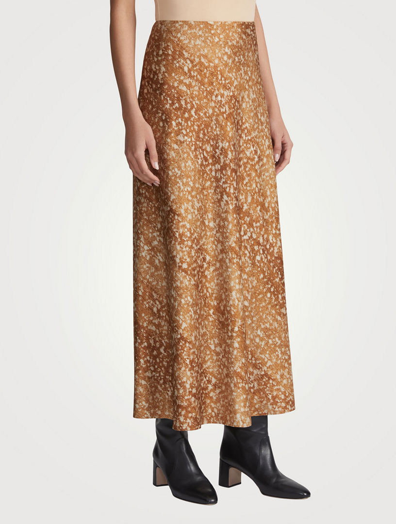 Satin Bias-Cut Skirt Floating Leaves Print