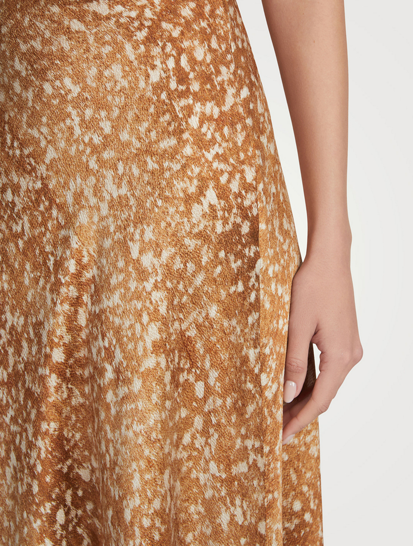 Satin Bias-Cut Skirt Floating Leaves Print