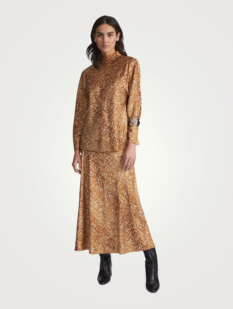 Satin Bias-Cut Skirt Floating Leaves Print
