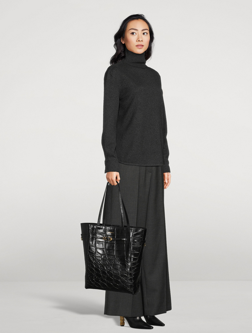 Medium Voyou Croc Embossed Leather Tote Bag