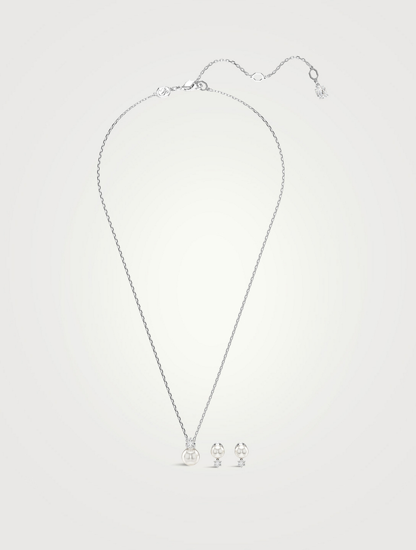 Matrix Crystal And Crystal Pearl Necklace And Stud Earrings Set