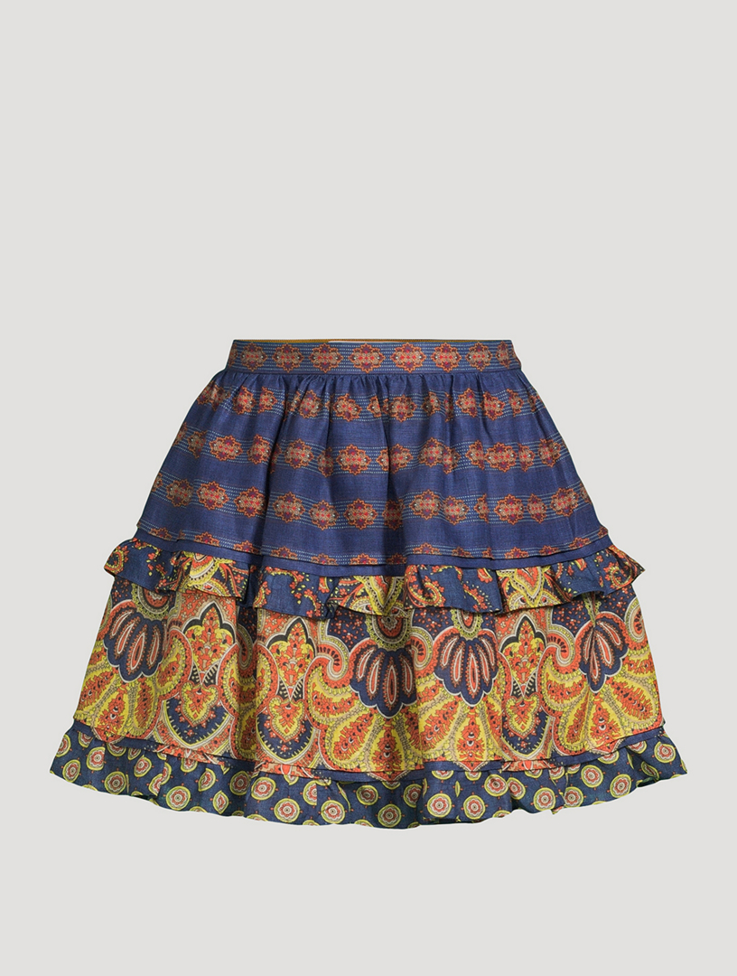 Tiered Linen Mini Skirt Paisley Print
