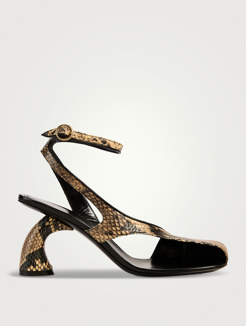 Curved-Heel Snakeskin-Embossed Leather Sandals