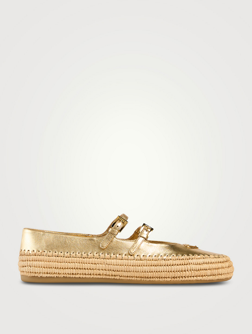 Ballerines en cuir métallique et raphia
