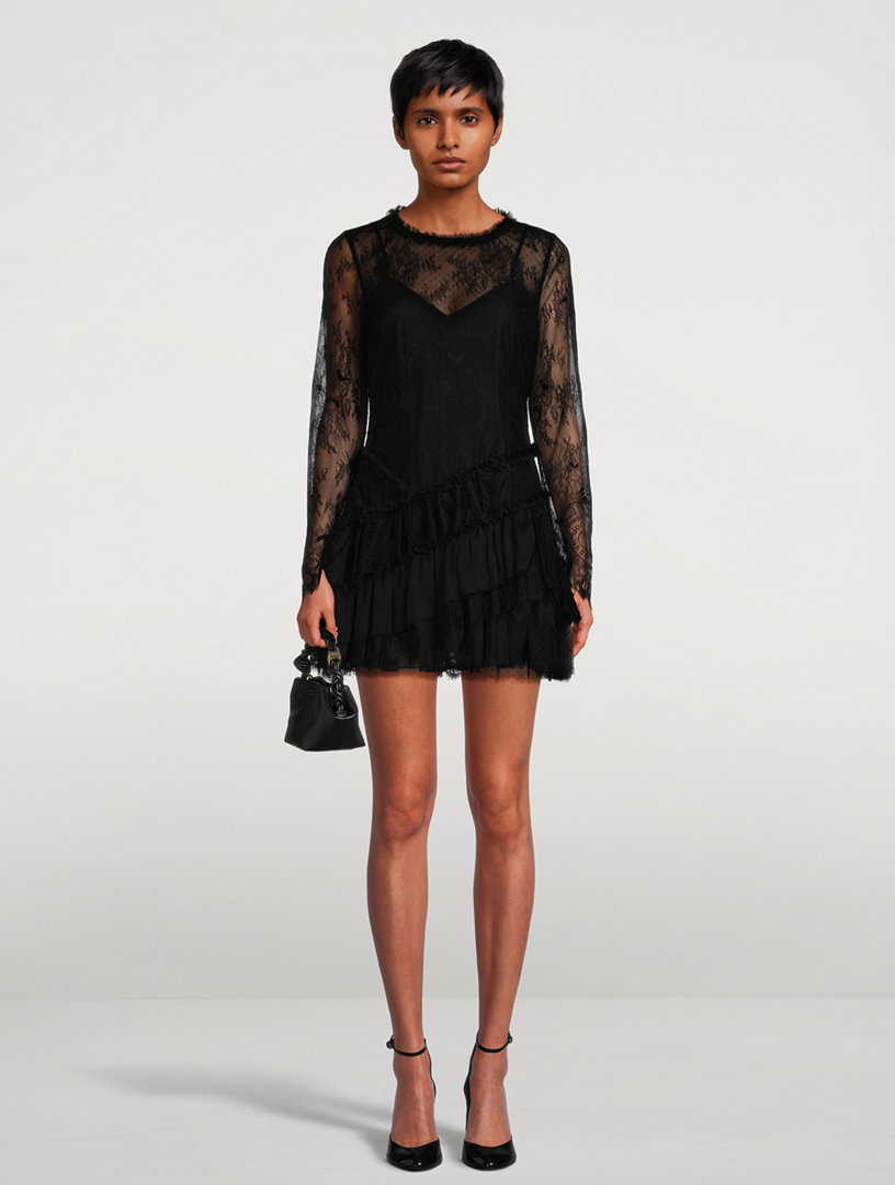 knee length dresses for ladies Champagne Floral Lace Long Sleeve Ruffle Hem Mini Dress