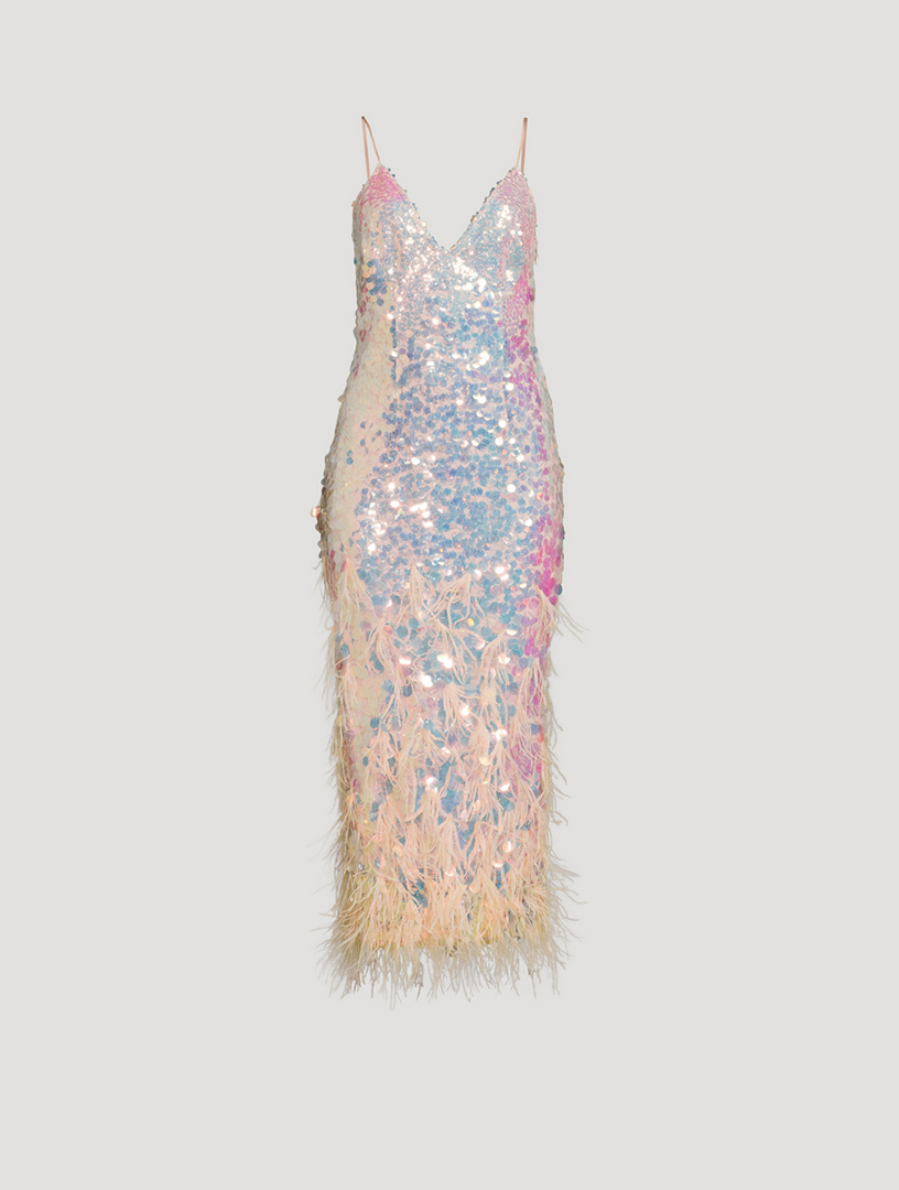 Miriana Feather-Trimmed Sequin Slip Dress