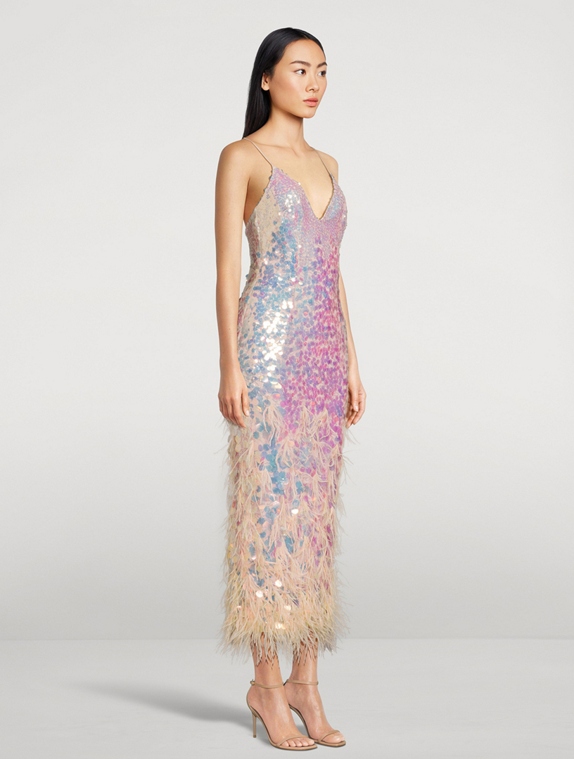 miriana iridescent midi dress with feathers LoveShackFancy Miriana Iridescent Sequined Midi Dress with Feathers