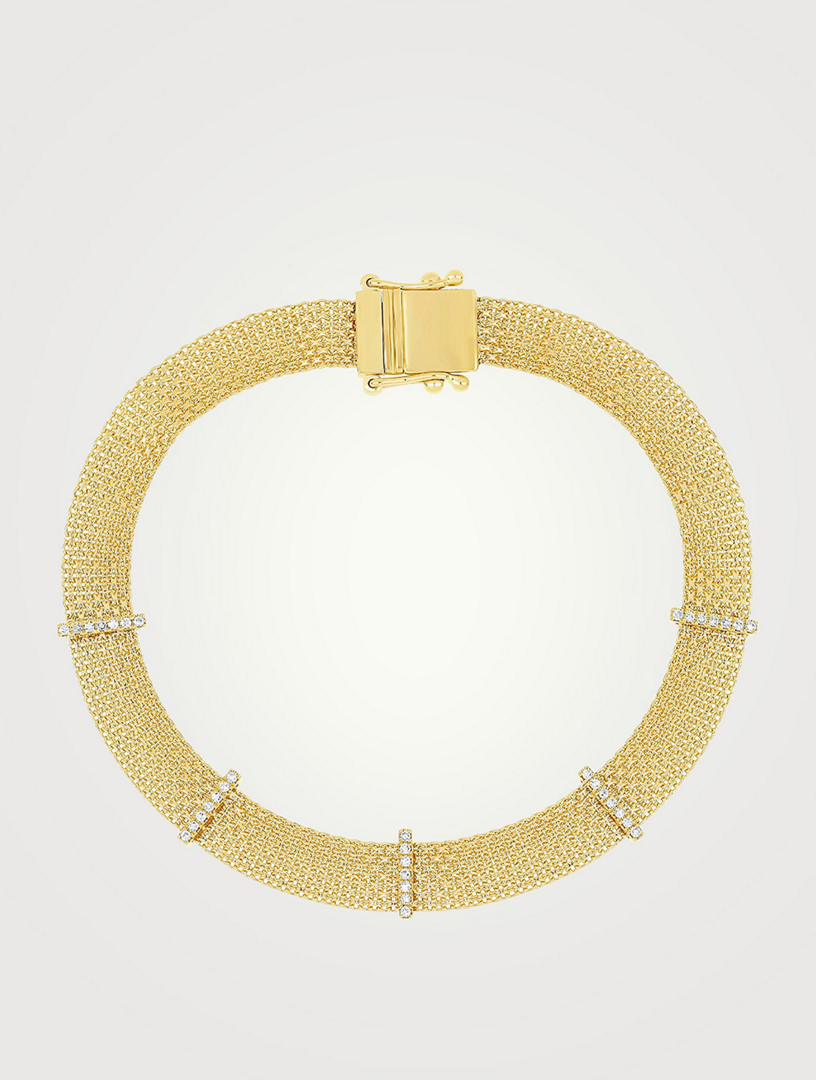14K Gold Diamond Bar Mesh Bracelet