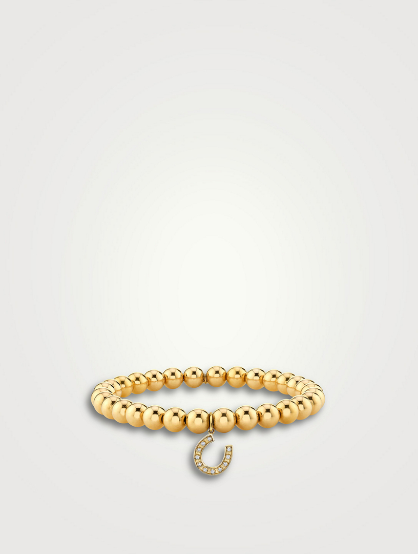 Gold Beaded Bracelet With Small Gold Bezel Diamond Horseshoe Charm