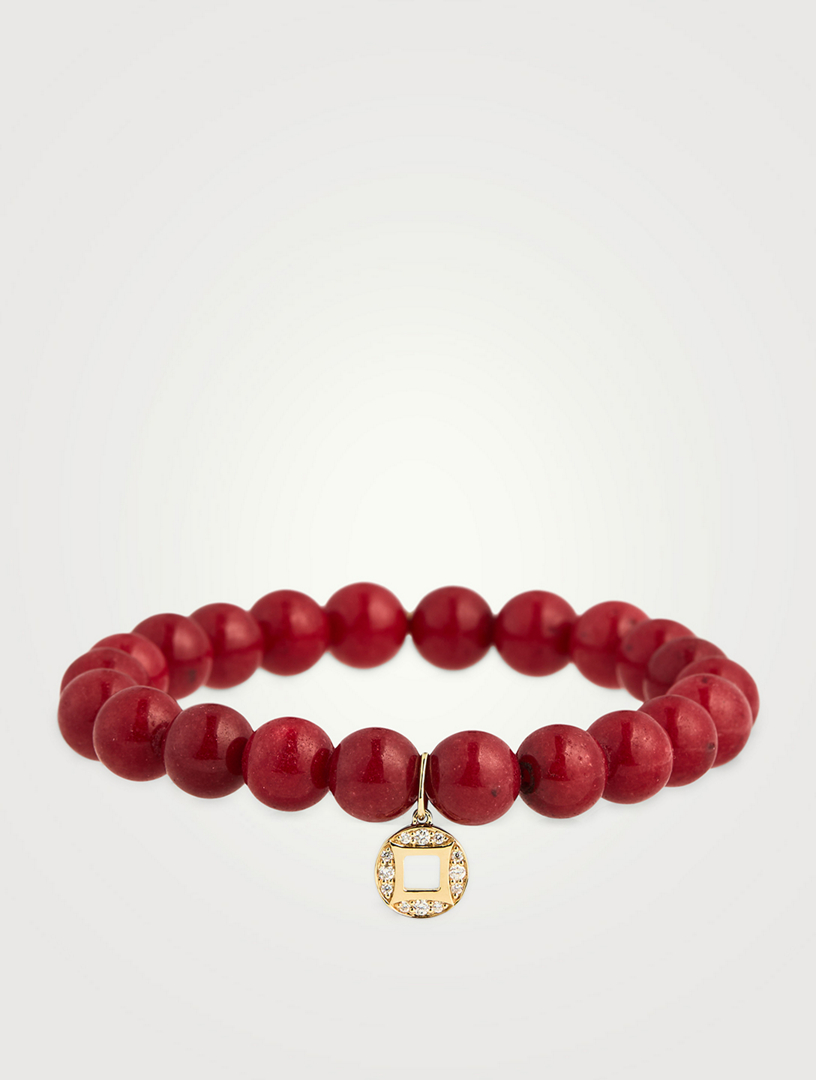 SYDNEY EVAN Red Jade Beaded Bracelet With 14K Gold Diamond Lucky