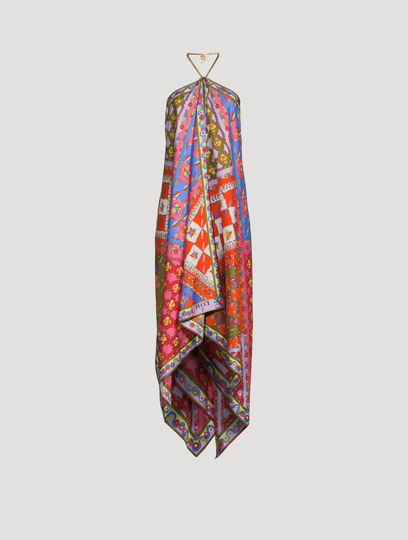 Silk Twill Halter Dress In Festa Print