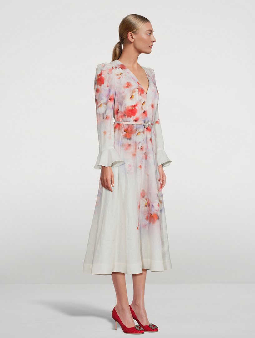 zimmermann crush floral midi dress ZIMMERMANN Crush belted floral-print linen midi dress