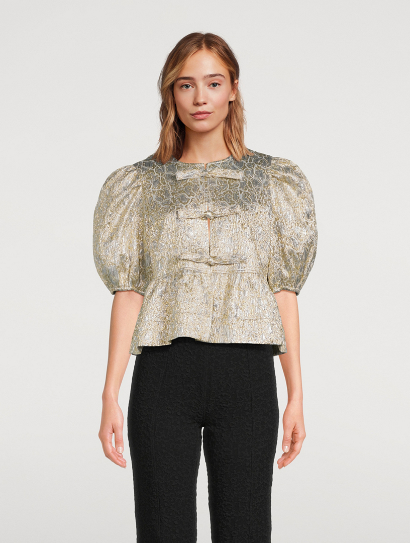 GANNI Metallic Cloqué Peplum Blouse | Holt Renfrew
