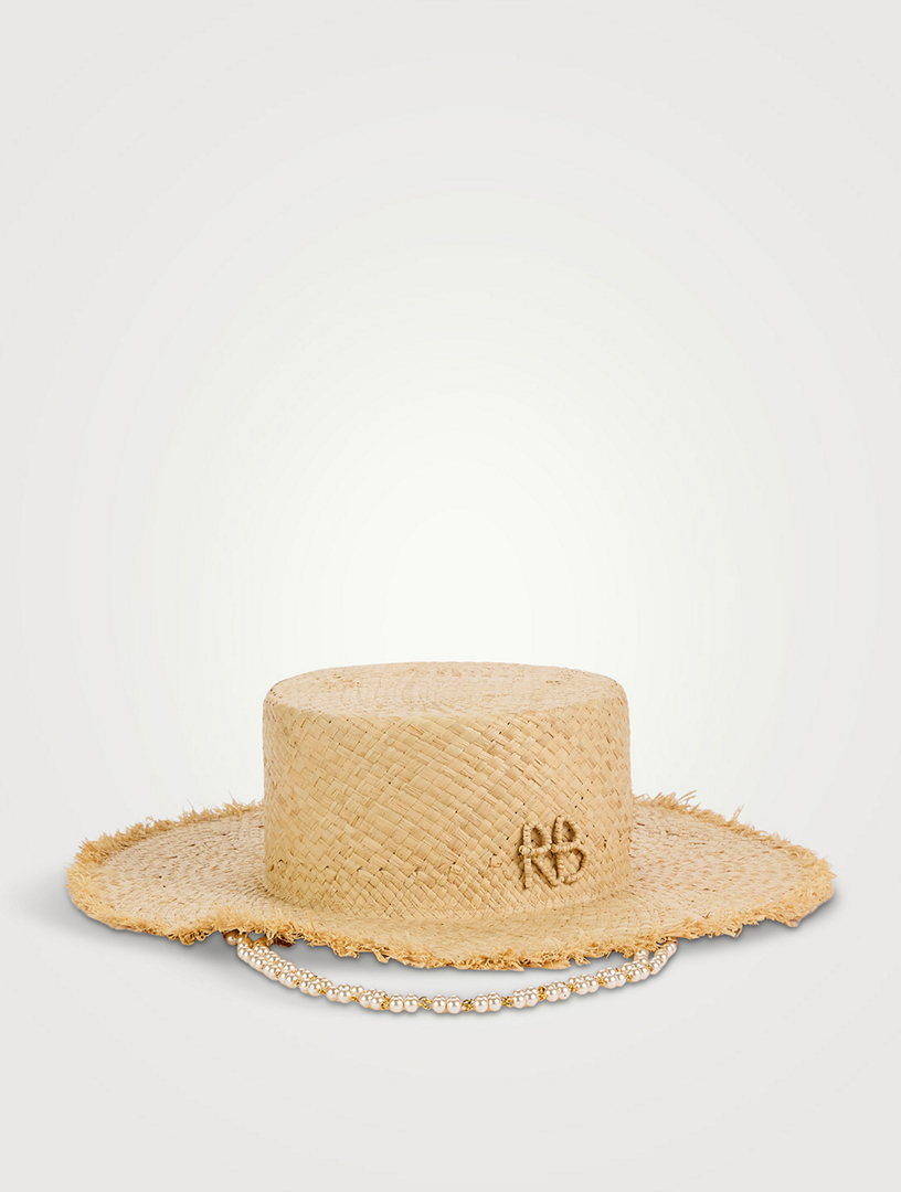 RUSLAN BAGINSKIY Canotier Straw Hat With Faux Pearl Chain  display picture 2