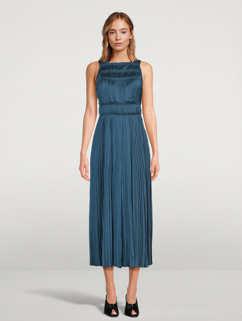 Elle Plissé Satin Midi Dress