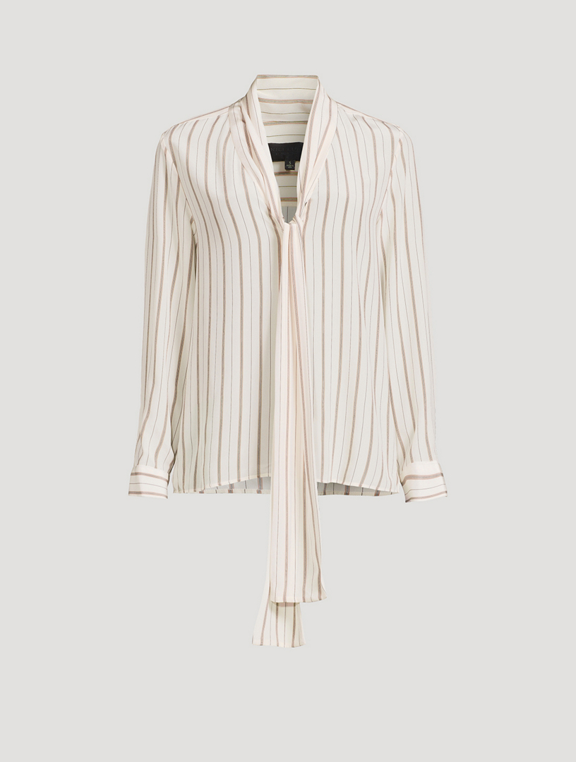 Angelique Tie-Neck Silk Blouse In Stripe Print