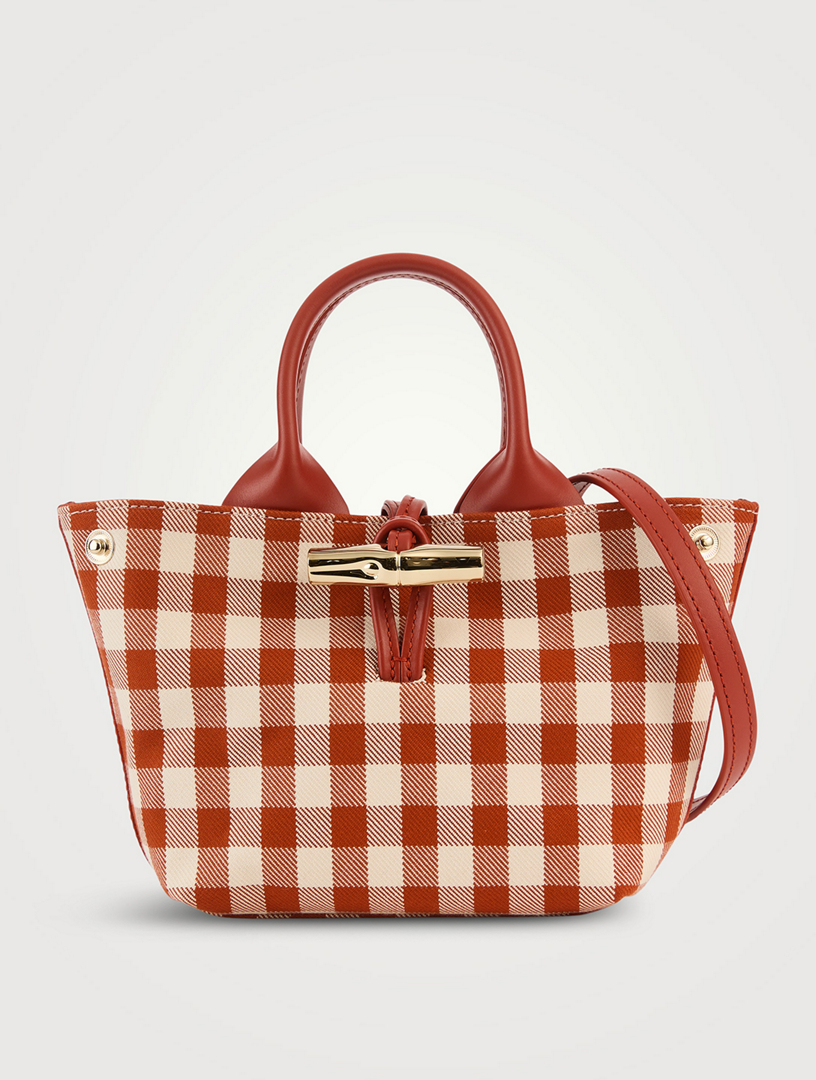LONGCHAMP XS Le Roseau Canvas Top Handle Bag In Gingham Print