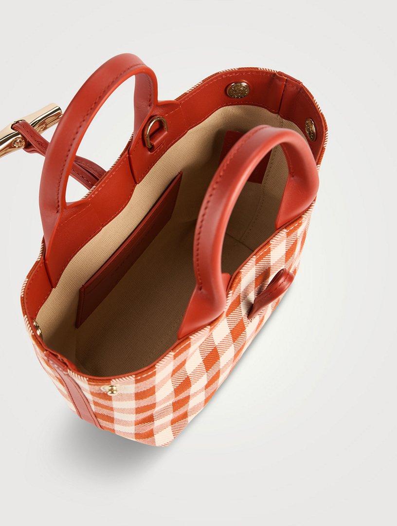 LONGCHAMP XS Le Roseau Canvas Top Handle Bag In Gingham Print