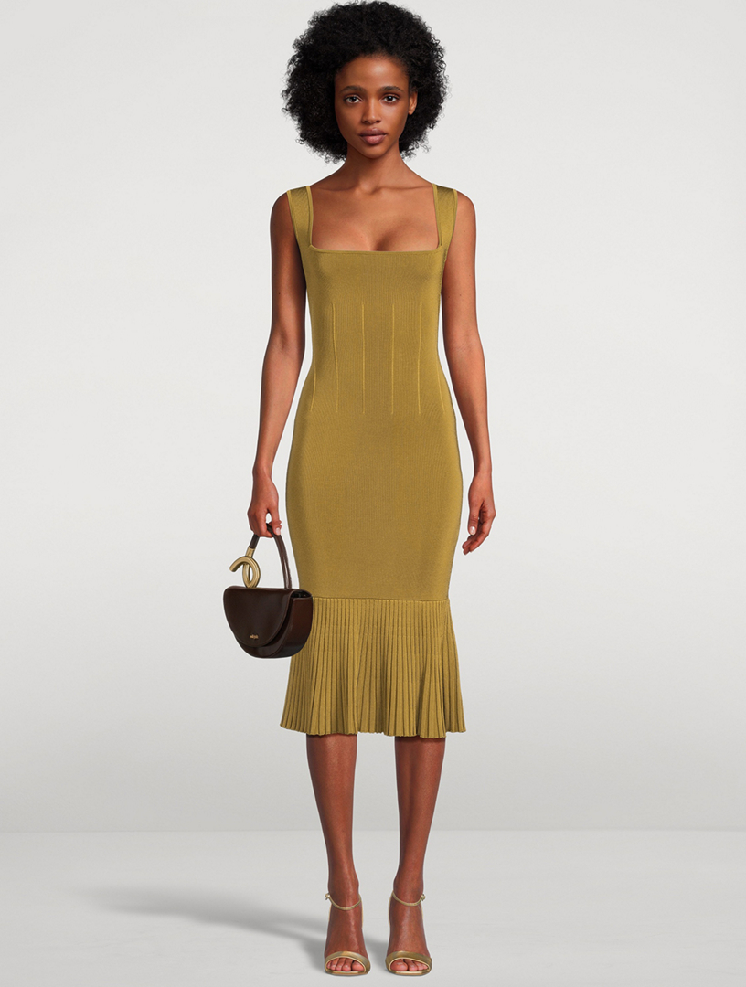 galvan atalanta square neck knit dress Galvan - Atalanta pleated ribbed stretch-knit midi dress