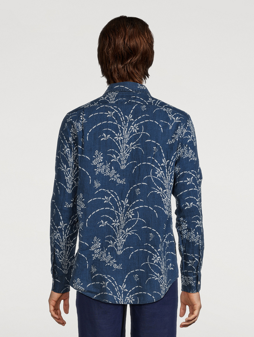 Indigo Floral Linen Long-Sleeve Shirt