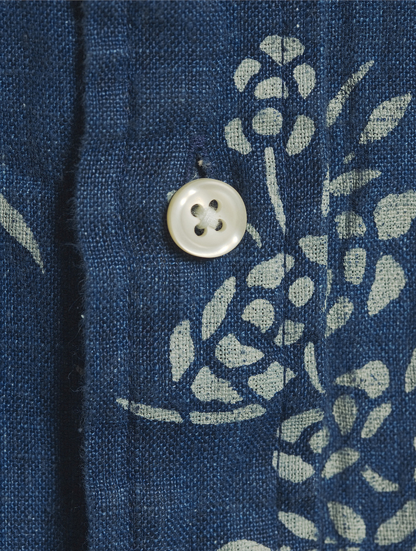 Indigo Floral Linen Long-Sleeve Shirt