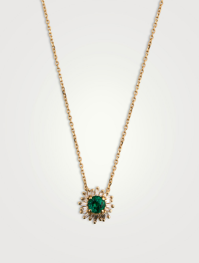 SUZANNE KALAN One Of A Kind 14K Gold Round Emerald And Diamond Flower Pendant Necklace