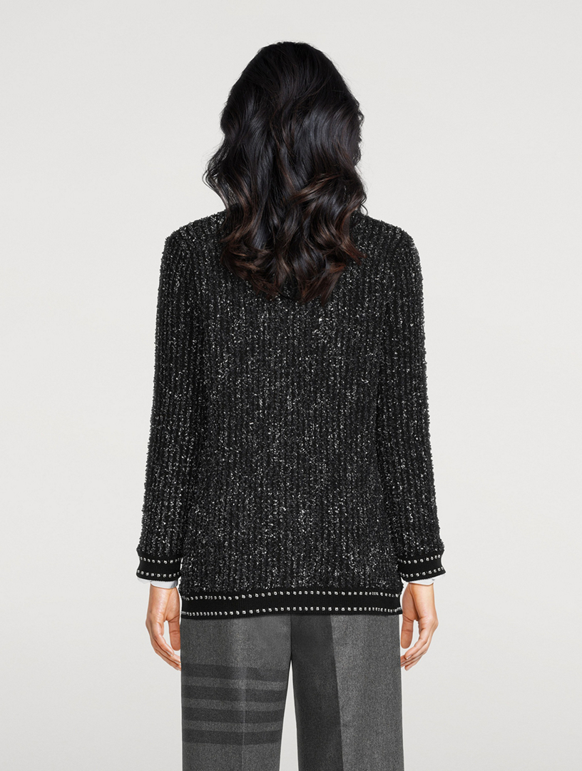 Eyelash Tweed Jacquard Tie-Neck Cardigan