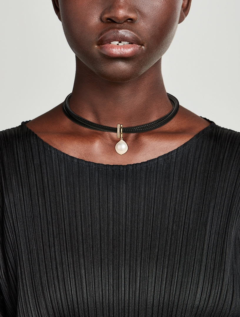MIZUKI Sea Of Beauty Leather Necklace With Pearl And 0.34 ct