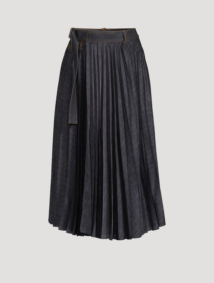 Pleated Denim Midi Skirt