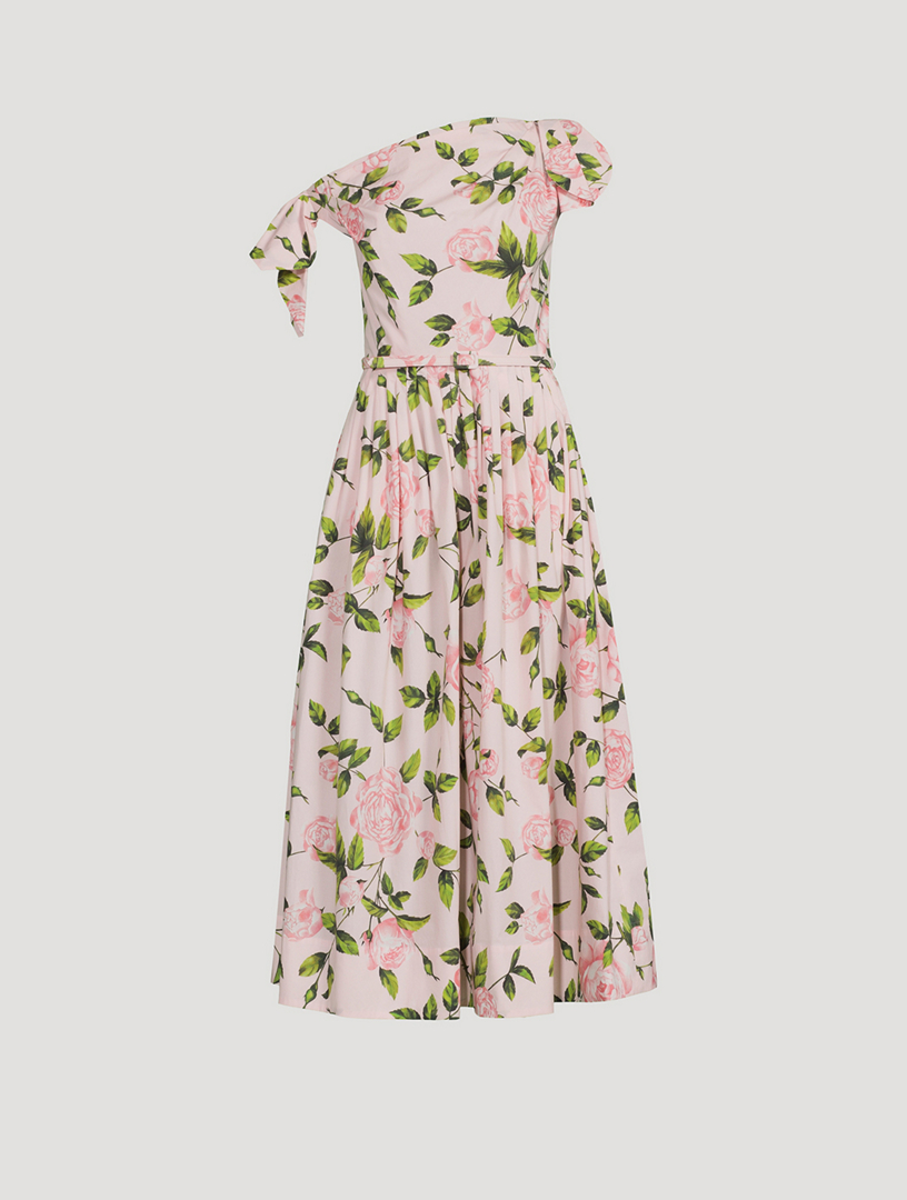Robe mi-longue asymétrique en popeline à imprimé de roses