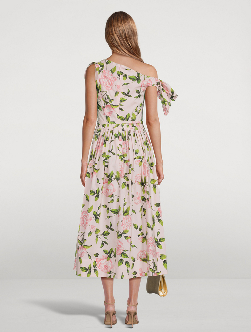 Asymmetric Poplin Midi Dress In Rose Print