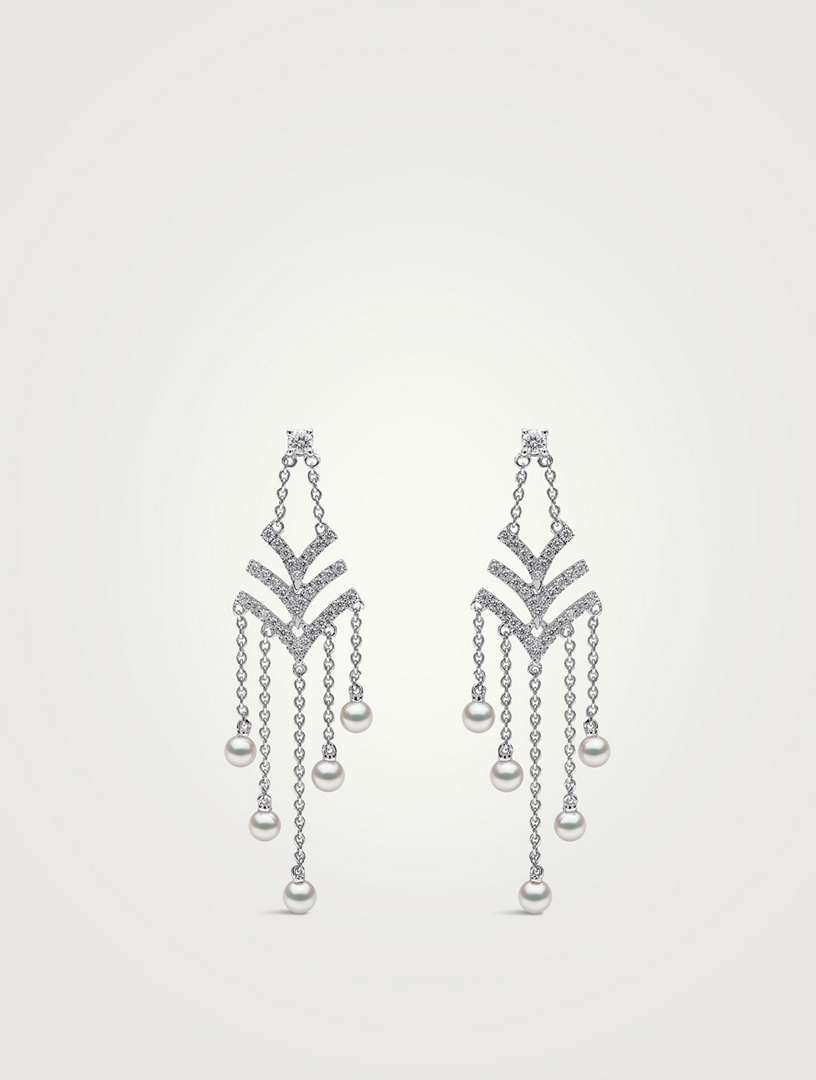 Sleek 18K White Gold Akoya Pearl And Diamond V Chain Drop Earrings