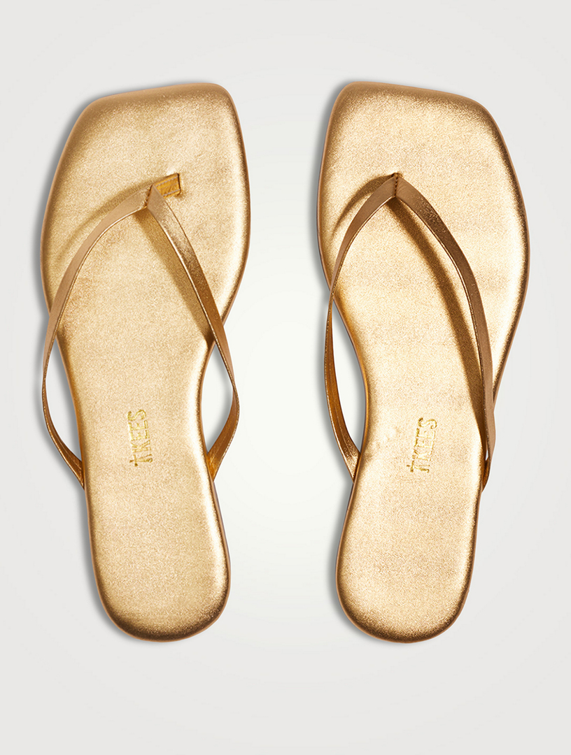 Tkees Metallic TKEES Lily Square-Toe Metallic Leather Flip-Flops