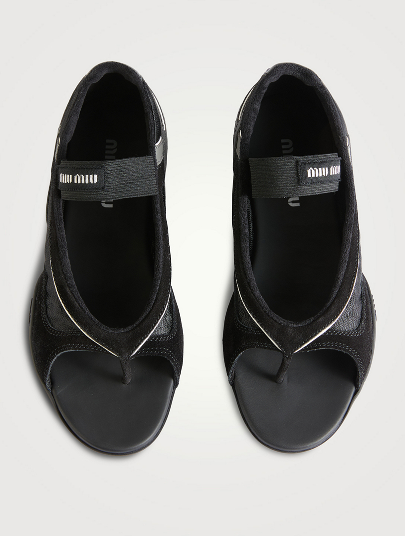 MiuMiu Gymnasium Thong Ballerinas トング バレリーナ ロゴ Miu Miu Gymnasium Technical Fabric Thong Ballerinas in Black