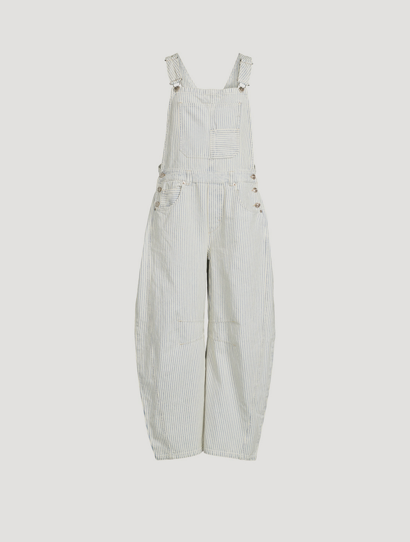 Good Luck Barrel-Leg Denim Overalls In Stripe Print