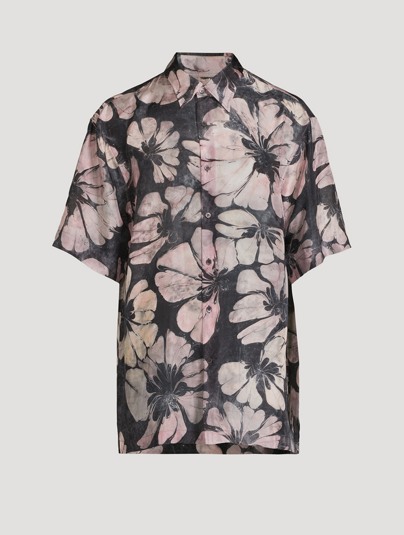 Silk Short-Sleeve Shirt Suminagashi Flower Print