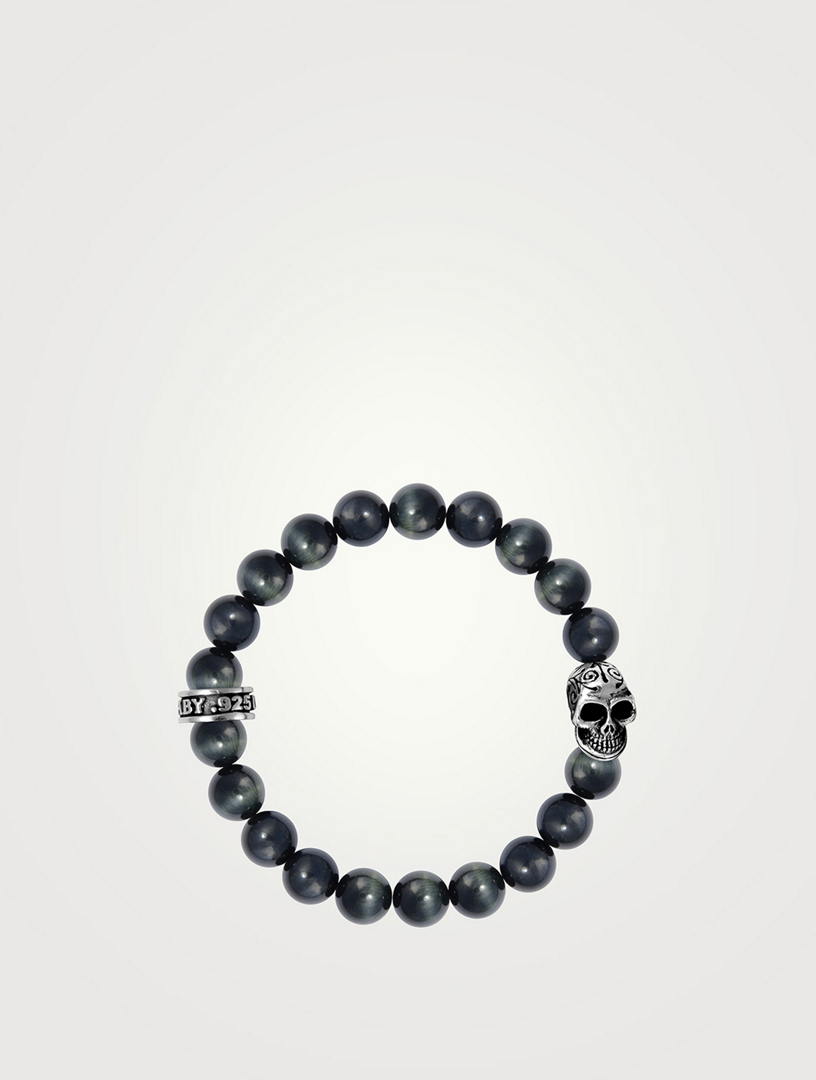 Blue Tiger Eye Beaded Bracelet With Silver Day Of The Dead Skull