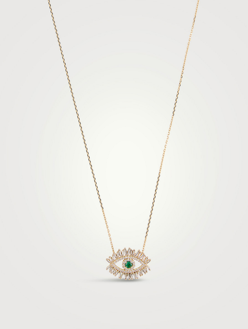 18K Gold Evil Eye Midi Emerald Half Pavé Pendant Necklace