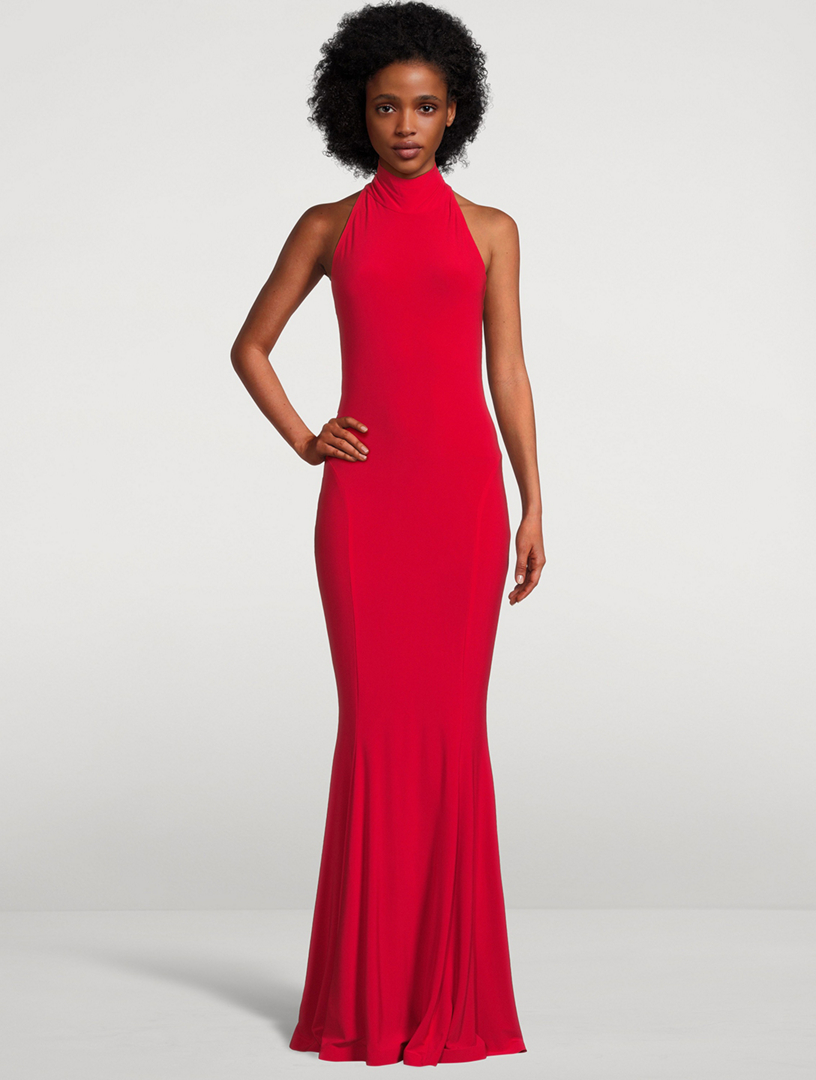 slim fit dress slacks Norma Kamali Cross Halter Fishtail Gown