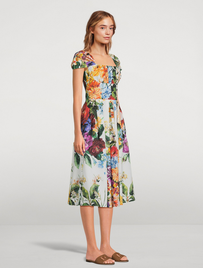 DOLCE & GABBANA Poplin Midi Dress In Flower Bouquet Print