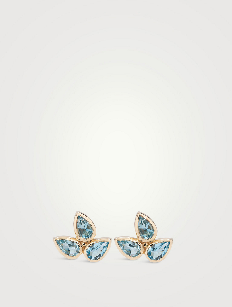 Bouquet 14K Gold Fleur de Lis Stud Earrings With Swiss Blue Topaz