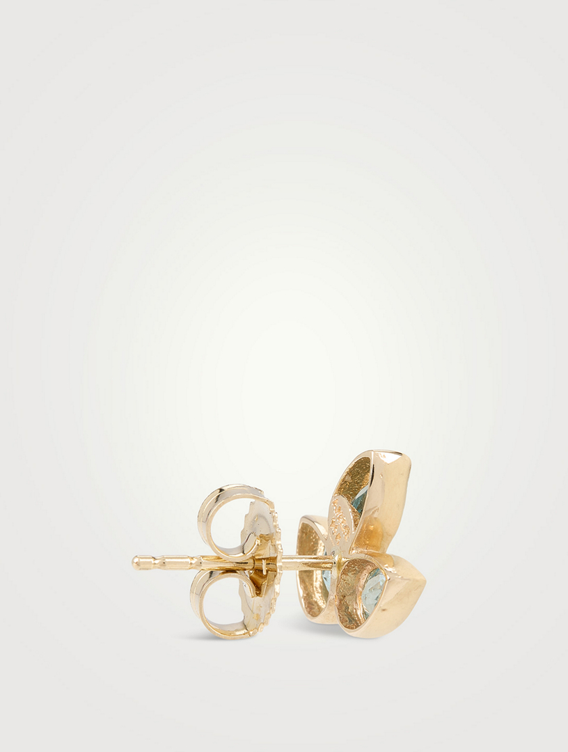 Bouquet 14K Gold Fleur de Lis Stud Earrings With Swiss Blue Topaz