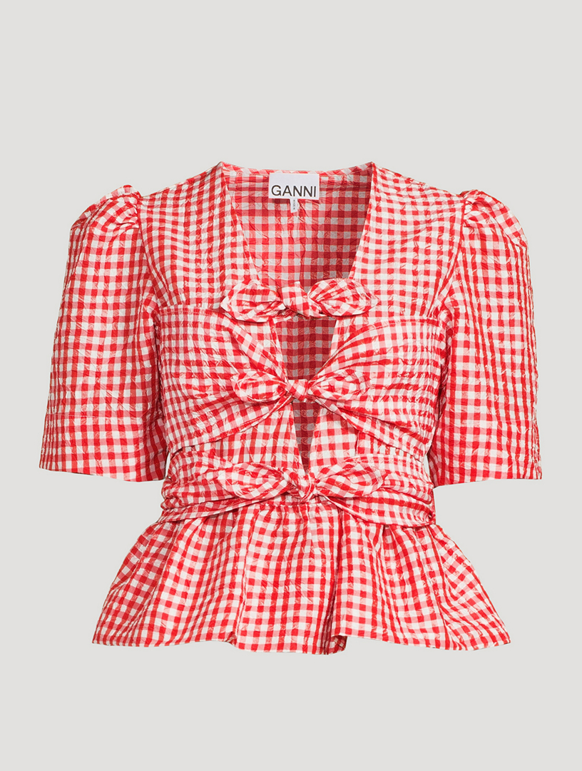 Blouse à nouer froissée à imprimé vichy