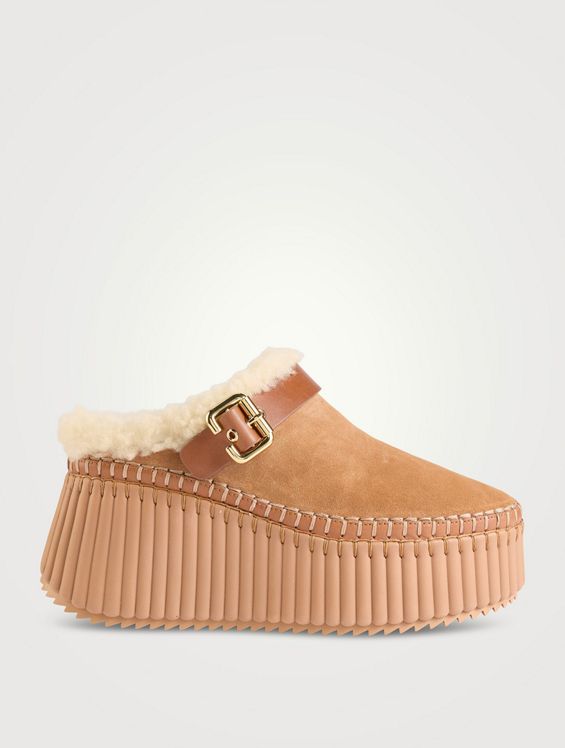Nama Shearling-Lined Suede Wedge Mules