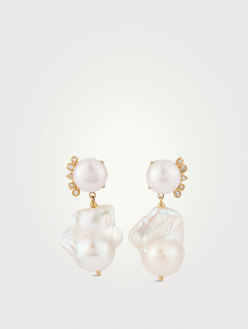 Cléo 14K Gold Baroque Pearl Earrings With Diamonds