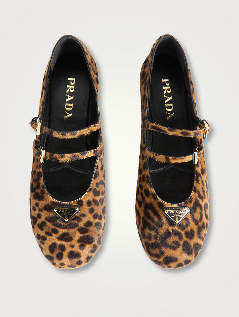 PRADA Calf Hair Mary Jane Ballet Flats In Leopard Print