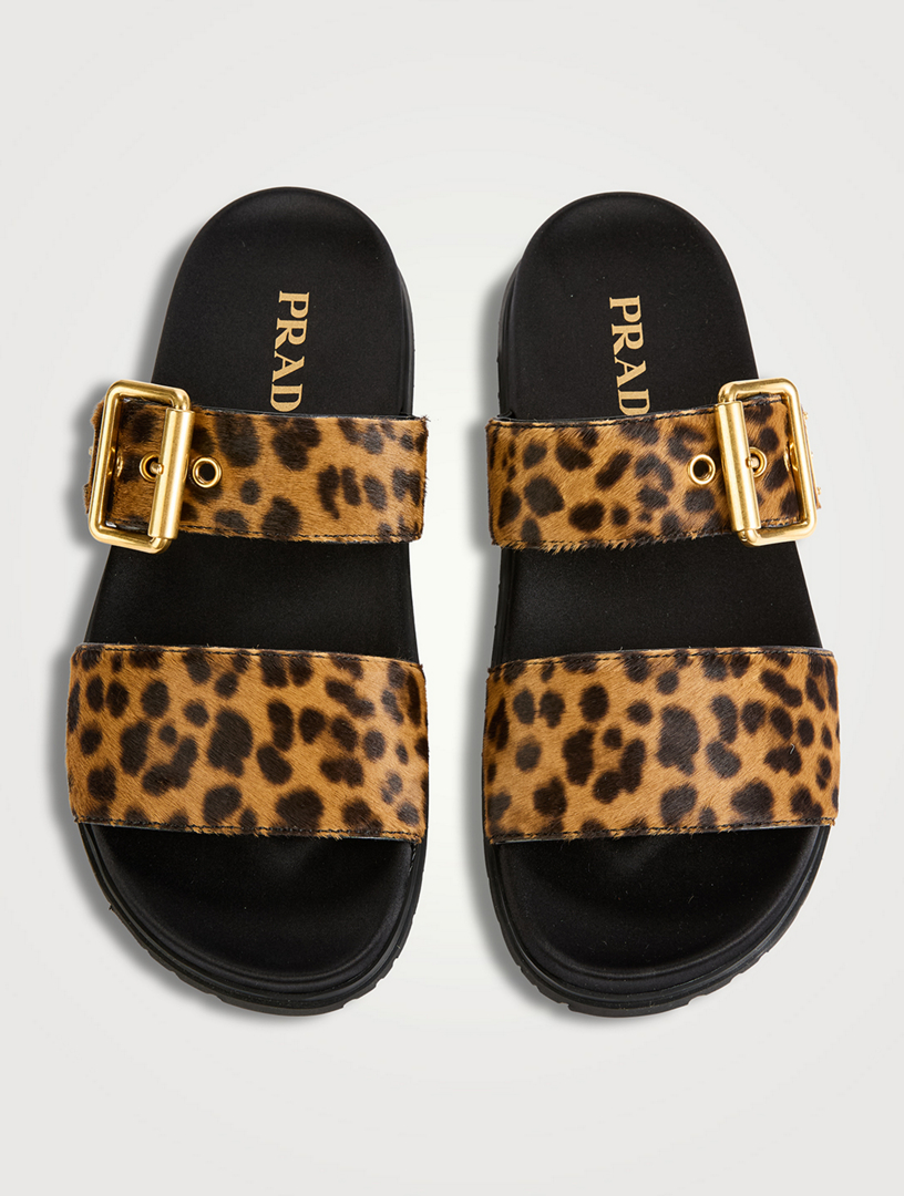 サンダル・ミュール PRADA LEOPARD PRINTED CALF HAIR SLIDE SANDALS PRADA Pony Hair Slide Sandals In Leopard Print | Holt Renfrew