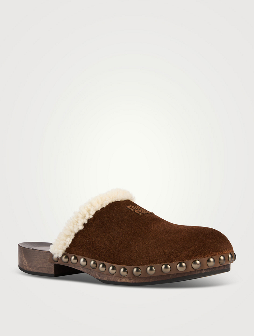 サンダル・ミュール MIUMIU BROWN SUEDE CLOGS Miu Miu Suede Logo Slide Clogs | Neiman Marcus